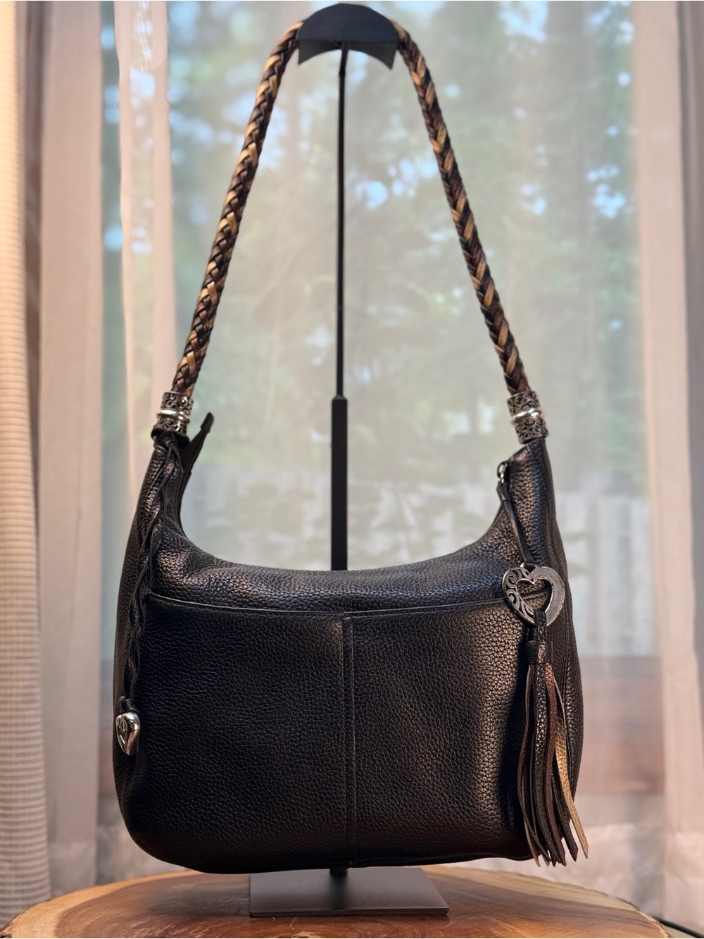 Brighton Barbados Black Pebbled Leather Hobo Shoulder Bag | Braided Strap | EUC